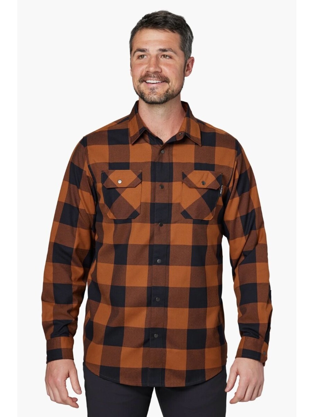 Flylow Handlebar Tech Flannel Shirt Mens Small Orange Black Plaid Snap Outdoor